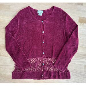 Vintage Chenille Cardigan Sweater Womens XL Burgundy Red Crochet Open Knit 90s
